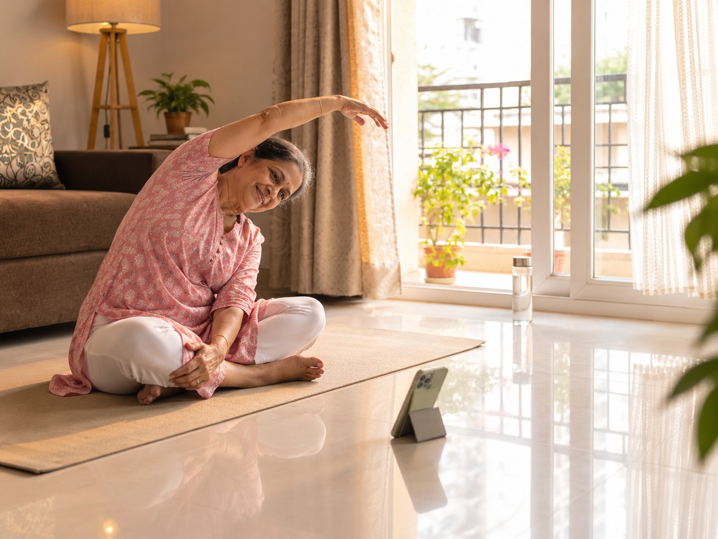 A woman in her 60s doing a gentle seated side stretch at home, following a class on her laptop