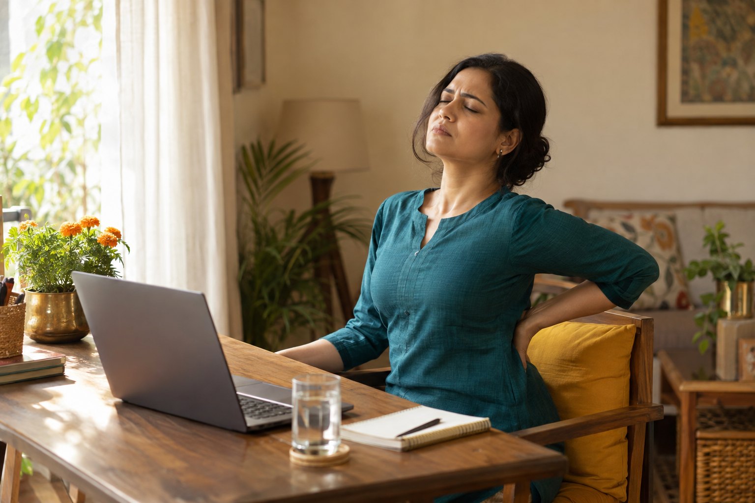 A young woman working from home at her desk, pausing to hold her aching lower back