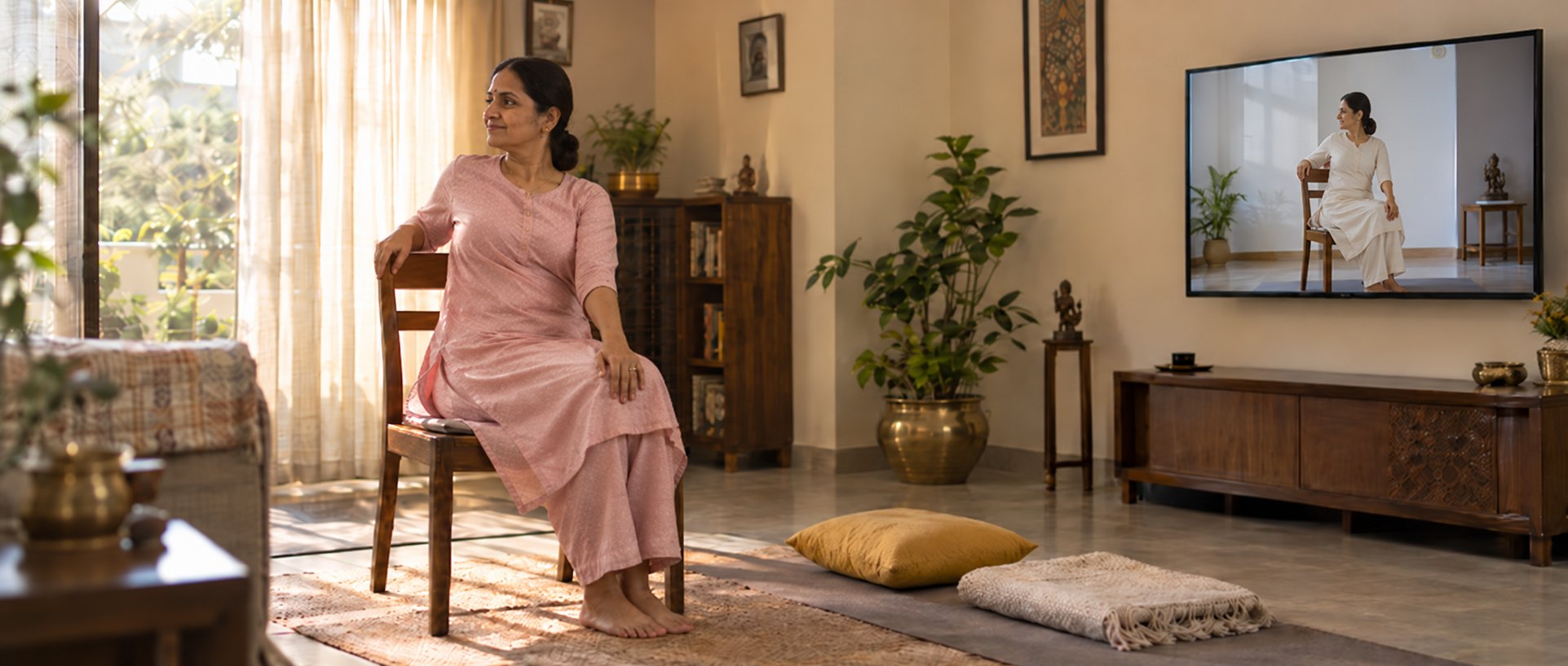 A woman at home doing a gentle seated twist on a chair, following her aaram teacher on the TV