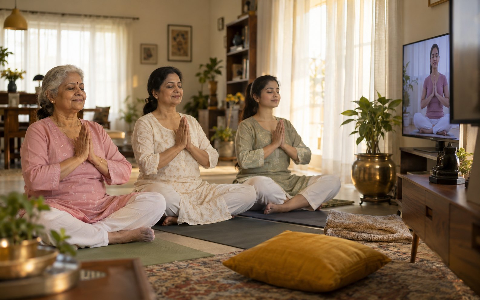 Three generations of a family seated on mats at home, hands folded, practicing together with the teacher on the television